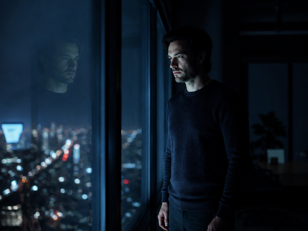 A photorealistic portrait of a thoughtful founder standing alone at night beside a large…