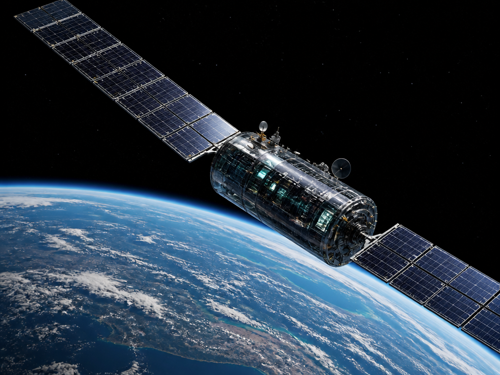 A photorealistic wide shot of a sleek orbital data center satellite gleaming above the…