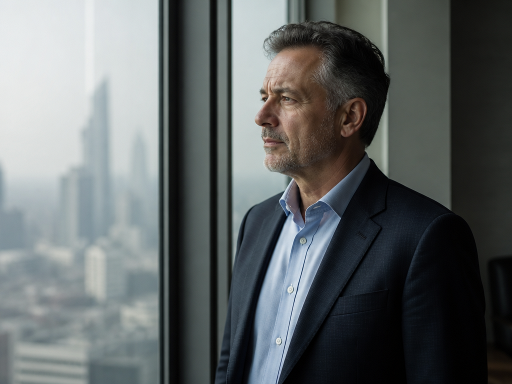 A photorealistic close-up portrait of a thoughtful investor in their fifties standing alone near…