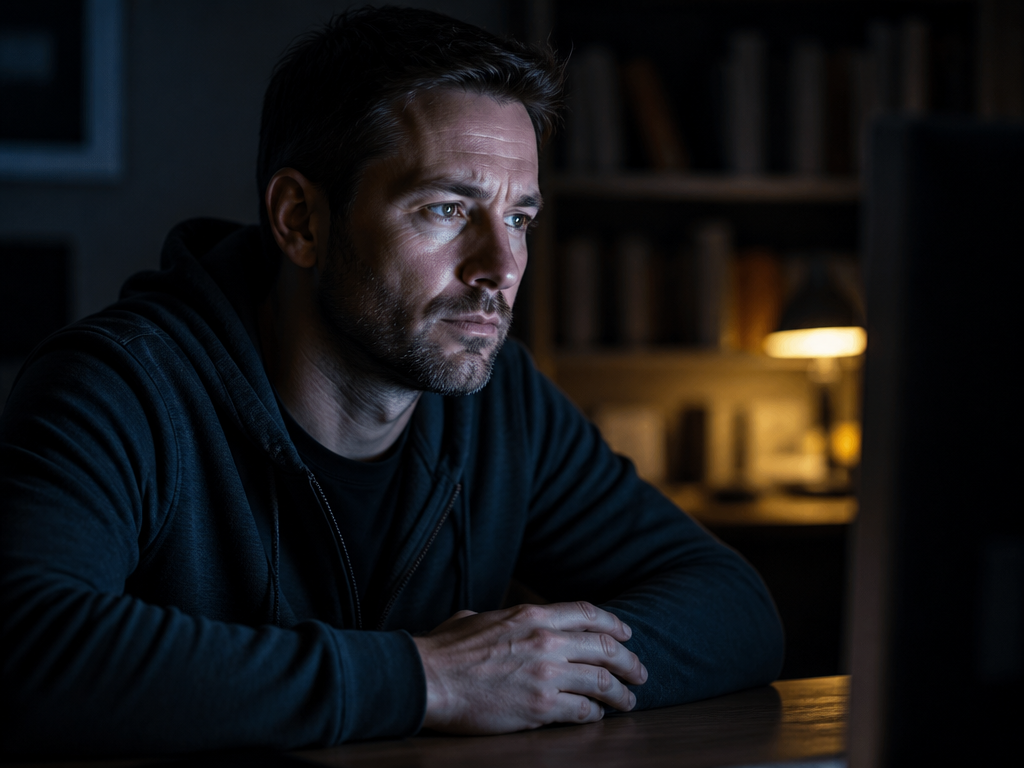 A close-up portrait of a person in their late thirties sitting alone at a…