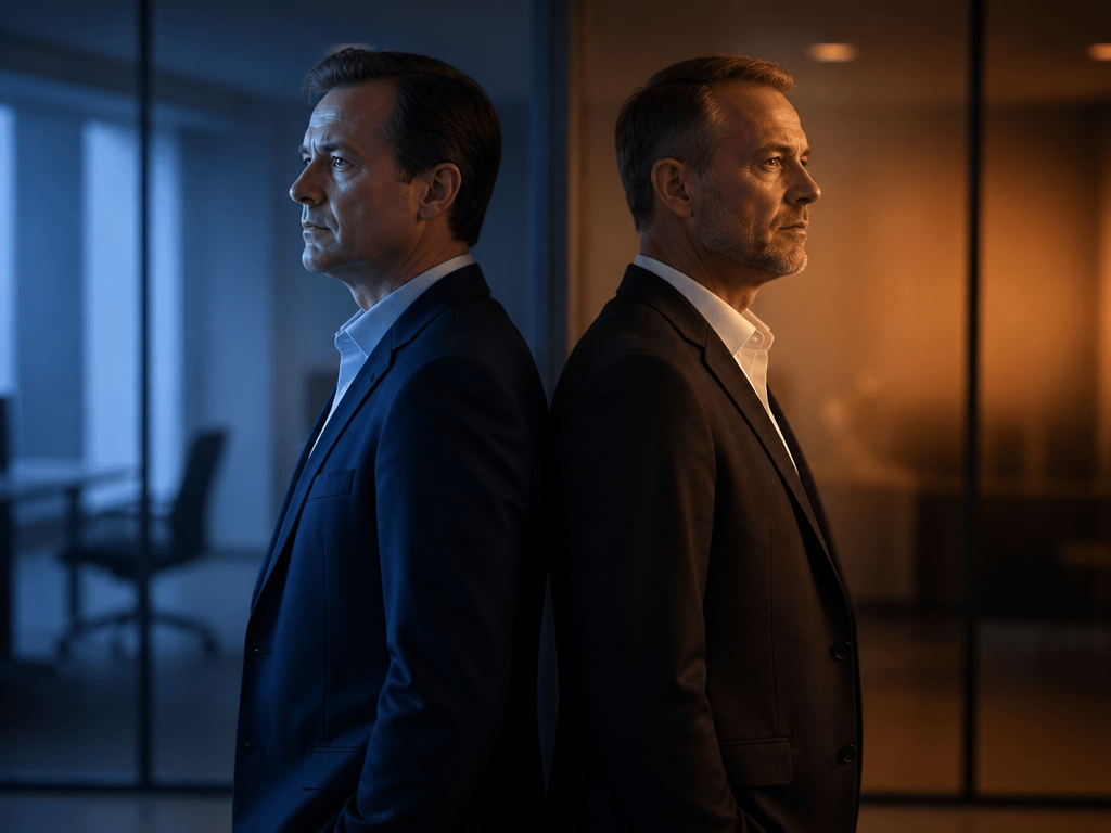 A split-composition editorial portrait photograph of two men in their forties standing back-to-back in…