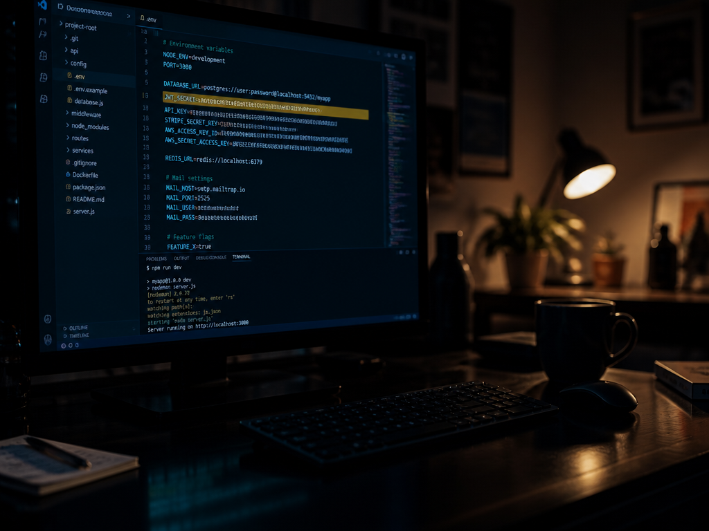 A moody, high-detail photograph of a darkened home office late at night, shot with…