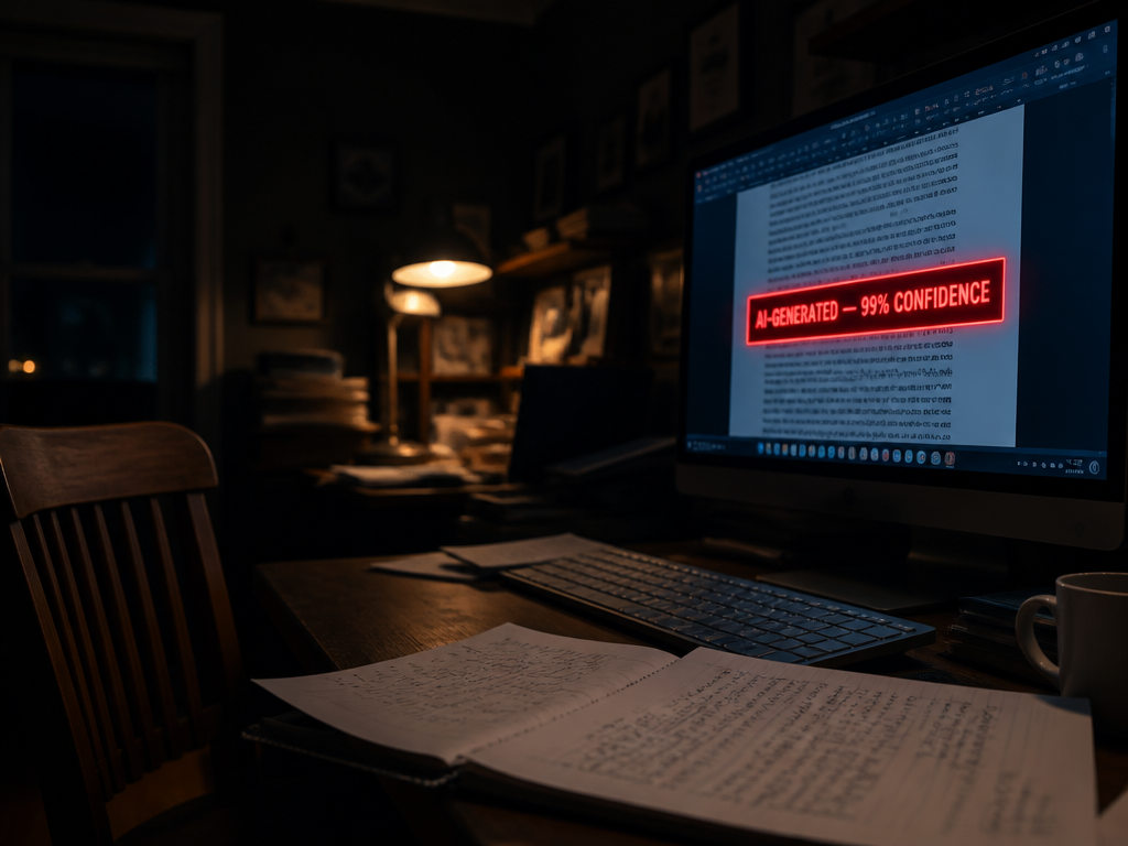 A dimly lit home office at night, shot with a 35mm lens at f/1.8…