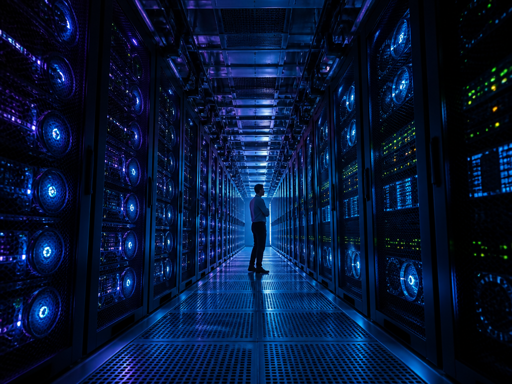A sleek data center corridor bathed in cool cyan and violet server-rack lighting, shot…
