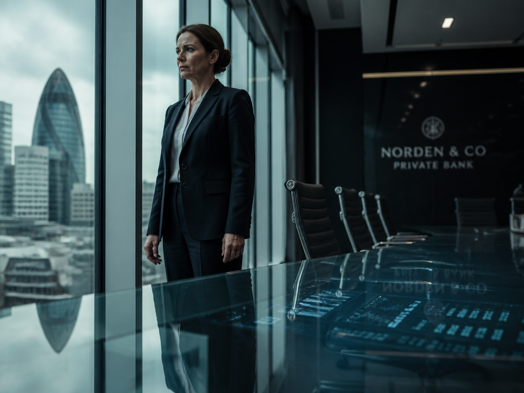A tense corporate boardroom in a modern European bank, photographed at eye level with…