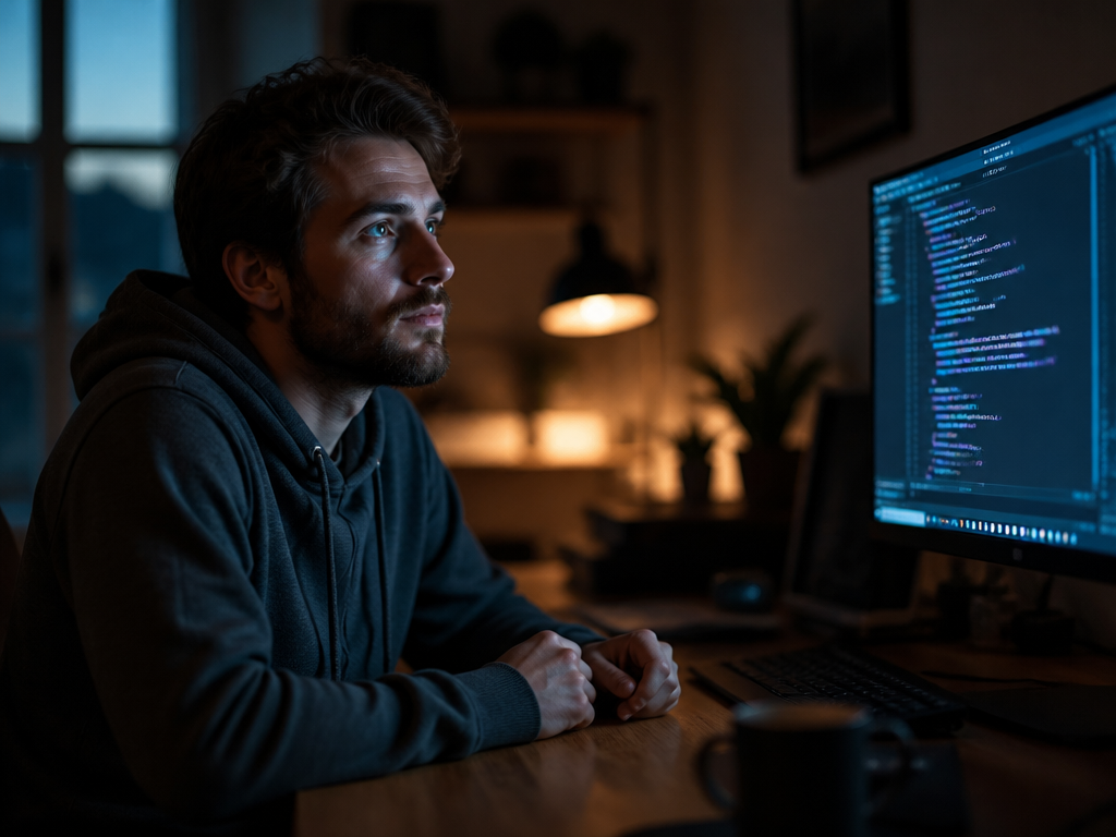 A developer sitting alone at a wooden desk in a softly lit home office…