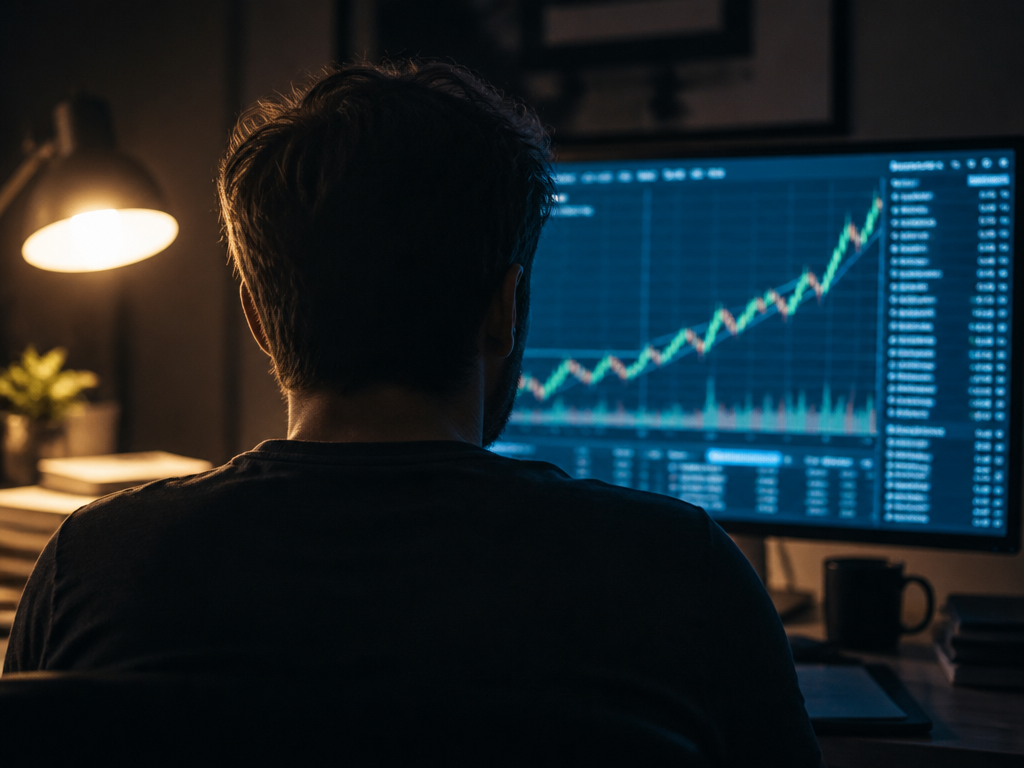 A moody, cinematic close-up photograph of a lone investor seen from behind, silhouetted against…