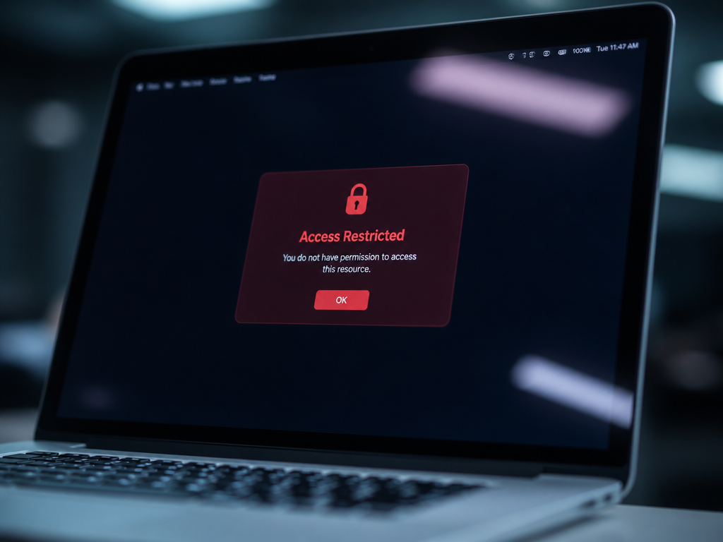 A close-up photorealistic shot of a sleek modern MacBook screen displaying a red-toned security…