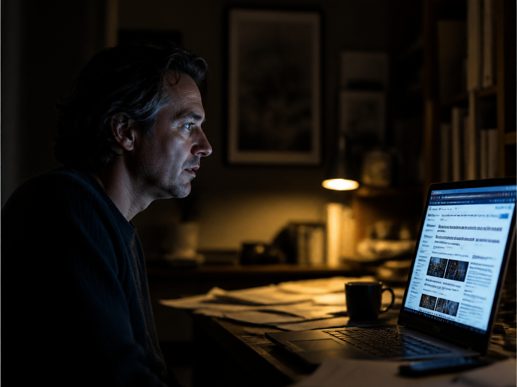 A dimly lit home office at night, shot in cinematic photorealistic detail with a…