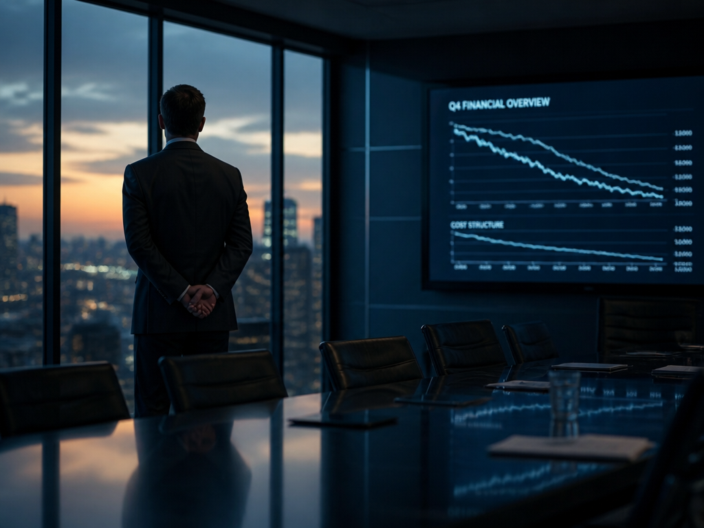A photorealistic wide shot of a corporate boardroom at dusk, a lone executive in…
