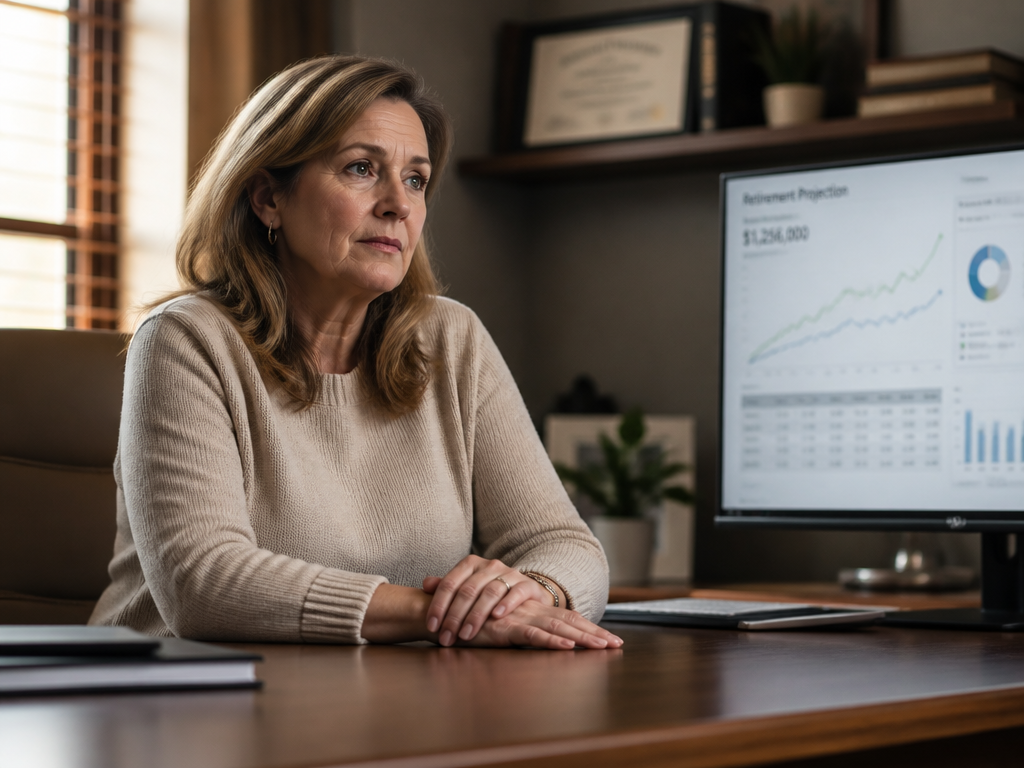A photorealistic environmental portrait of a woman in her early fifties seated at a…