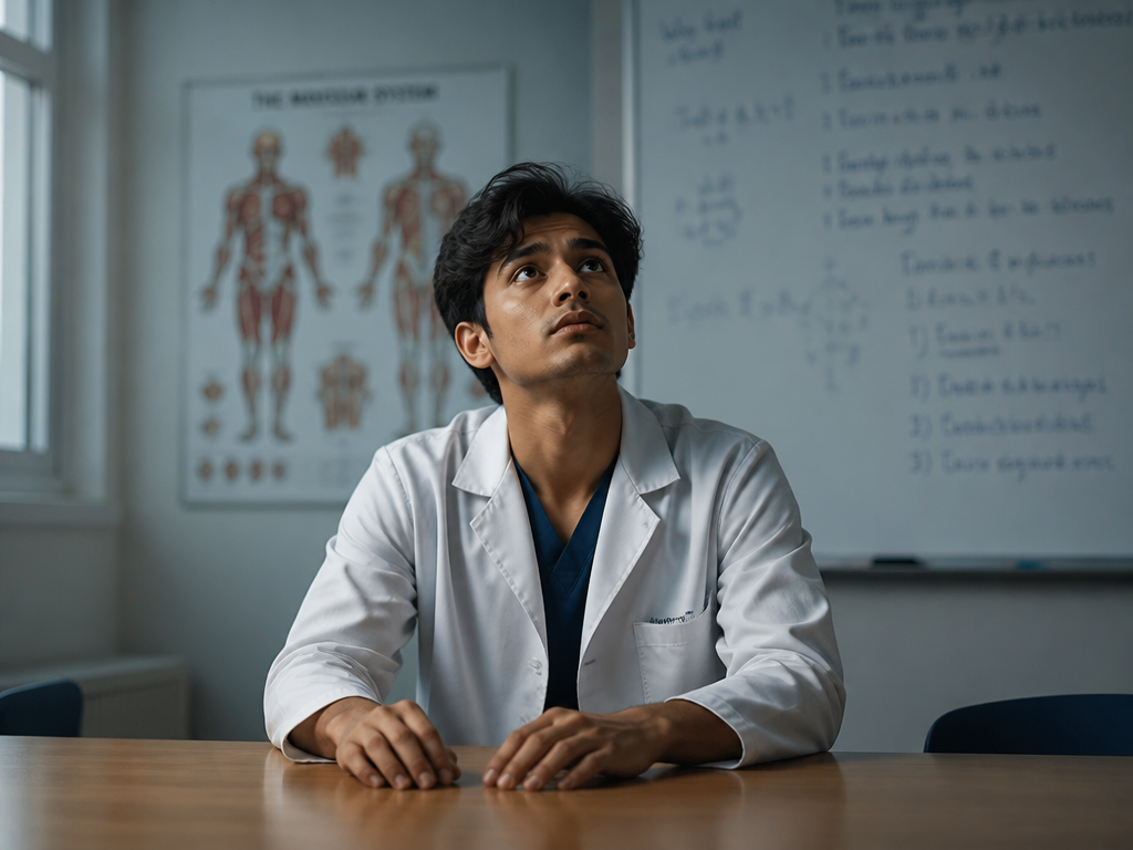 A photorealistic medical education scene captured in a modern university seminar room: a young…