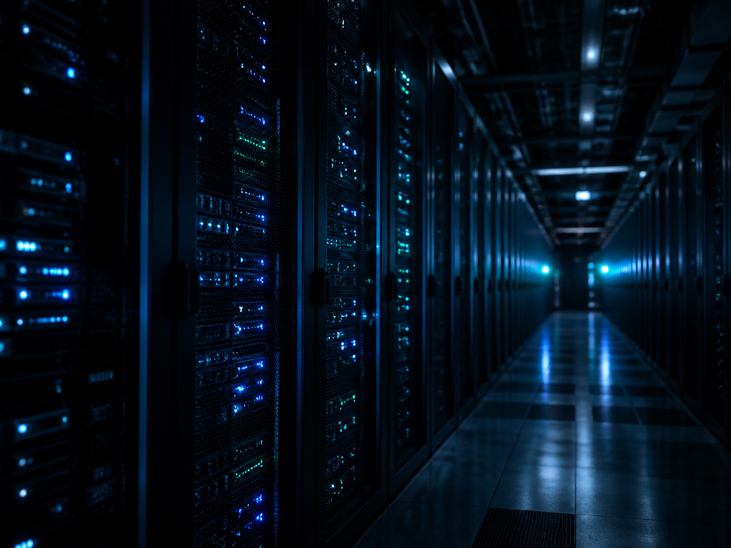 A wide, dimly lit modern data center corridor at night, endless rows of illuminated…