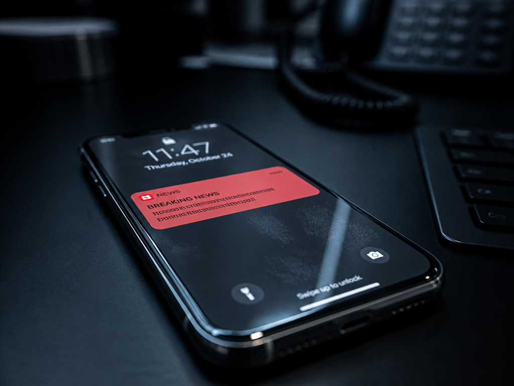 A photorealistic close-up of a modern smartphone lying face-up on a sleek matte-black desk…