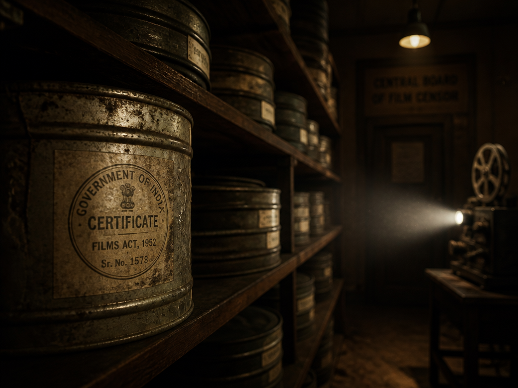 A dimly lit vintage film archive room, shot on a full-frame camera with a…