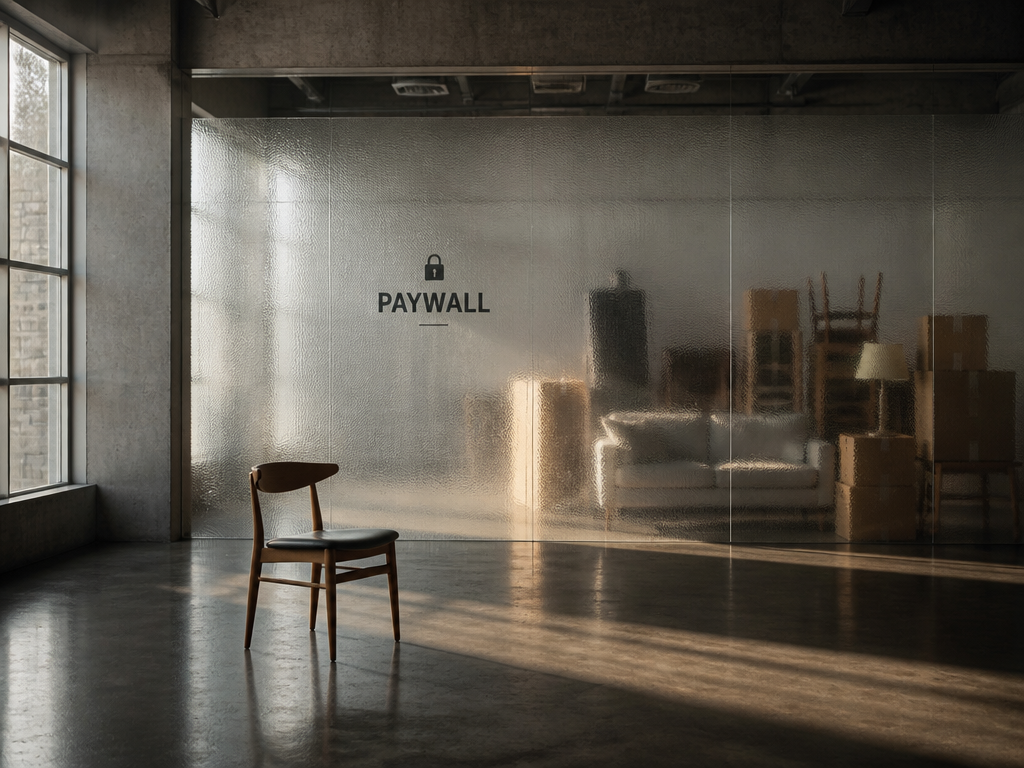 A conceptual still-life photograph of an empty room mid-move, with furniture pushed against a…