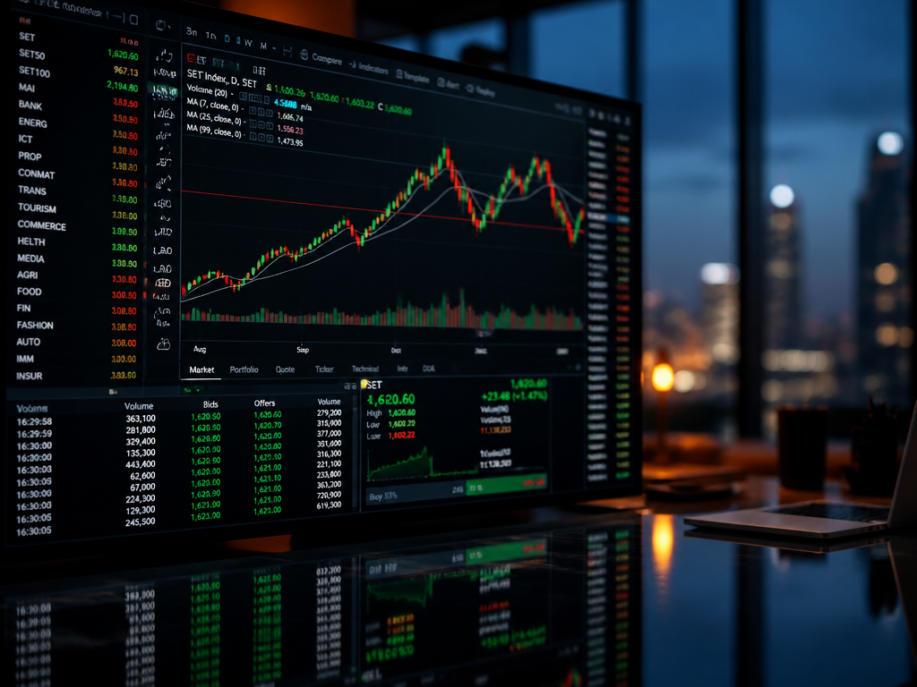 A photorealistic close-up of a large glossy financial data screen glowing in a dim…