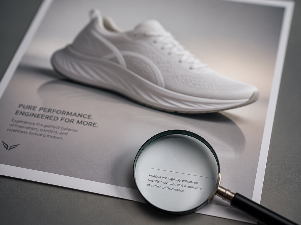 A tight overhead flat-lay shot on a clean matte-gray surface: a single glossy advertisement…