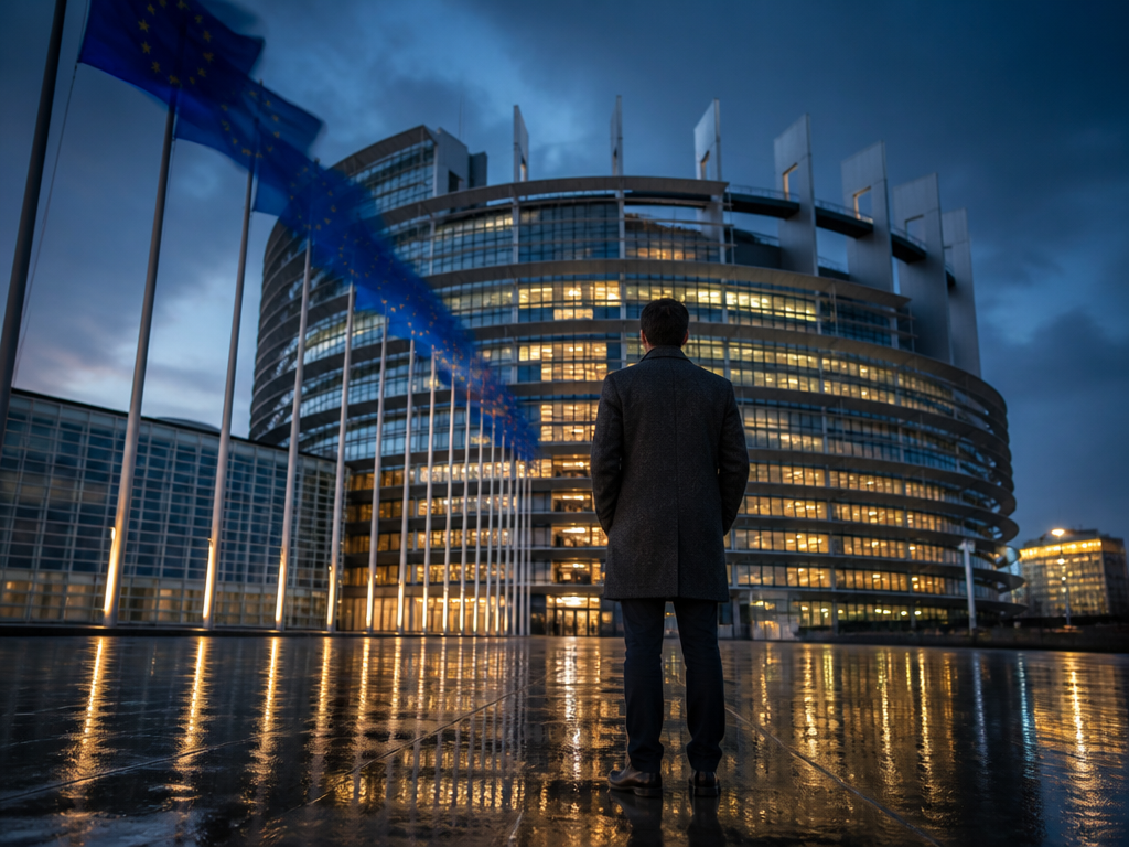 A wide-angle architectural photograph of the European Parliament building in Brussels at dusk, its…