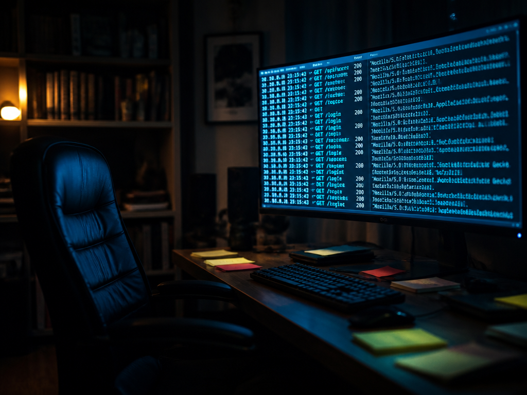 A dimly lit home office at night, photographed in moody chiaroscuro lighting, where a…