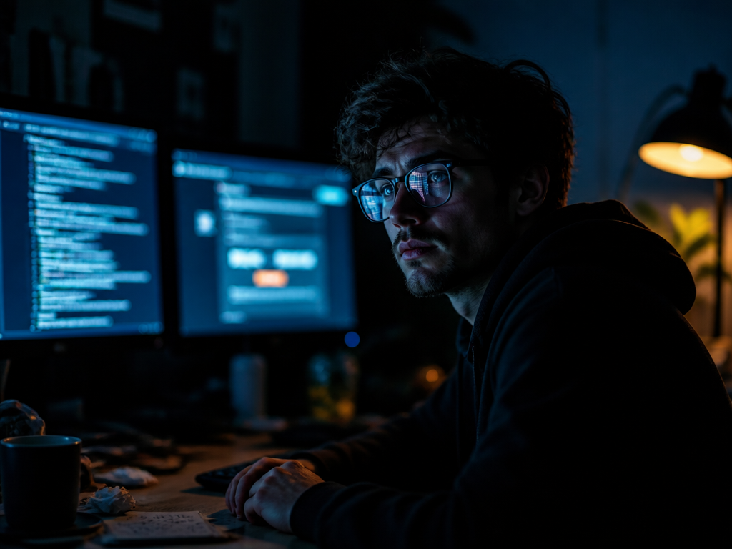 A self-taught developer sitting alone at a cluttered home desk late at night, illuminated…