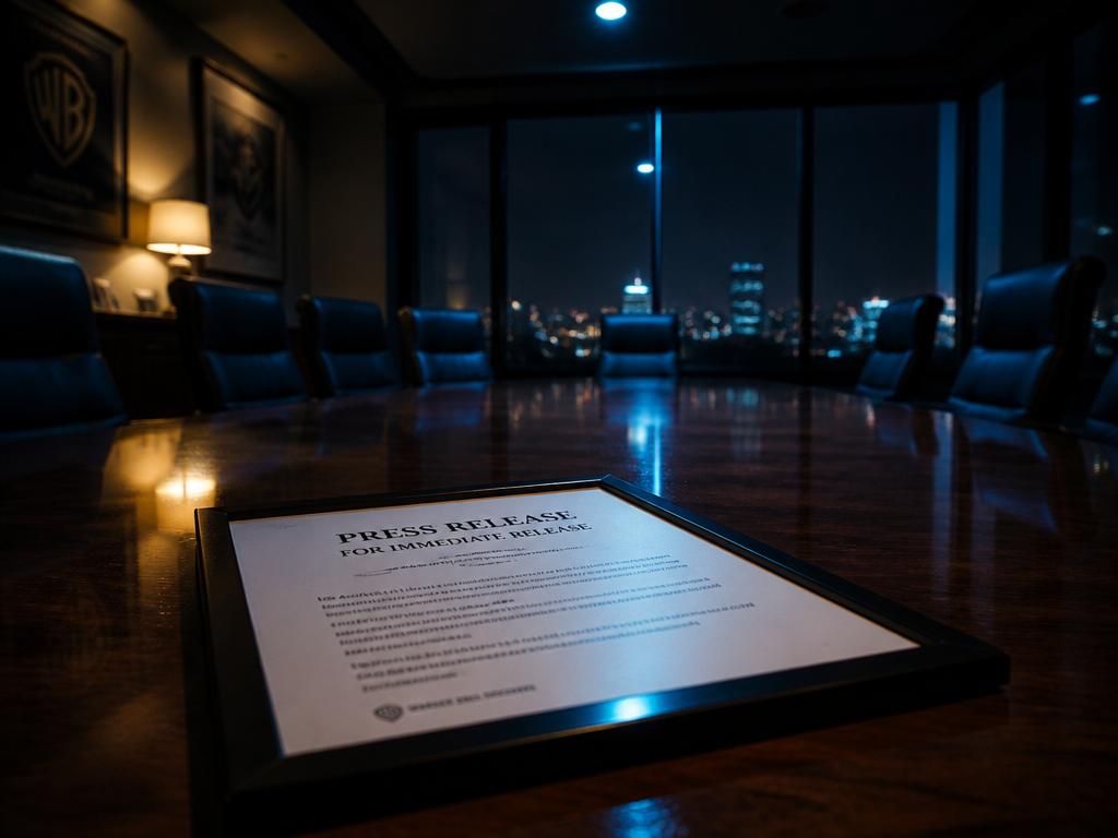 A dimly lit executive conference room in a Hollywood studio building after hours, shot…
