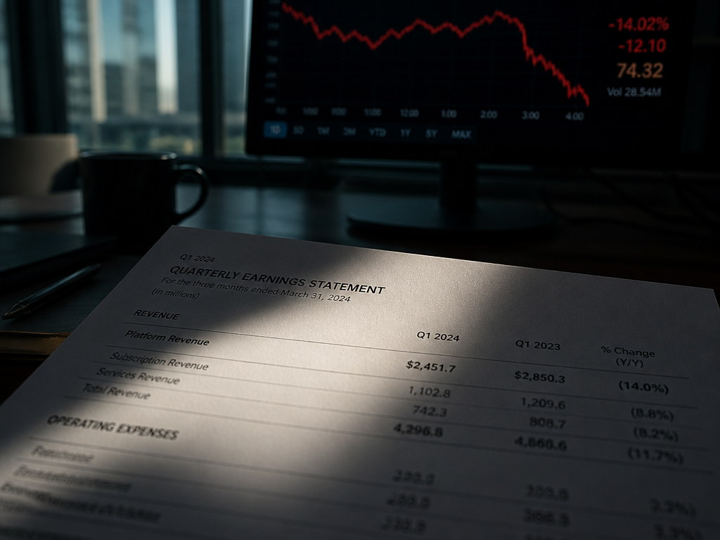 A photorealistic close-up of a printed quarterly earnings statement lying on a dark walnut…