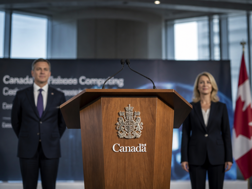 A photorealistic press-conference scene inside a modern government building, a polished wooden lectern under…