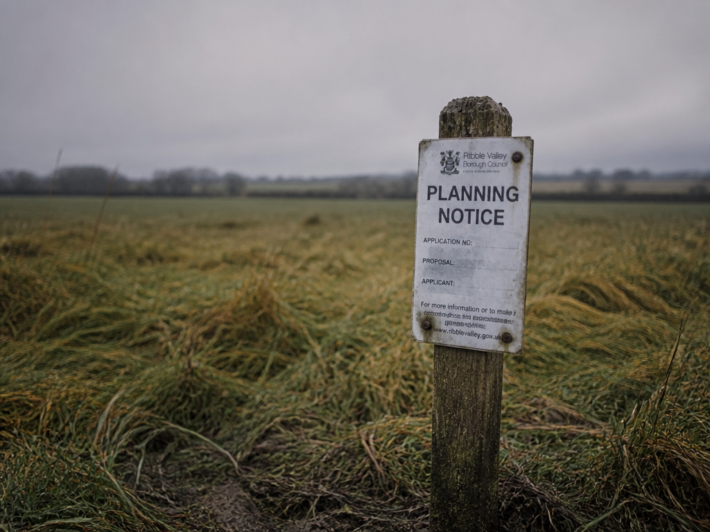 A wide-angle photorealistic landscape photograph of an empty rural British field at dawn, overcast…