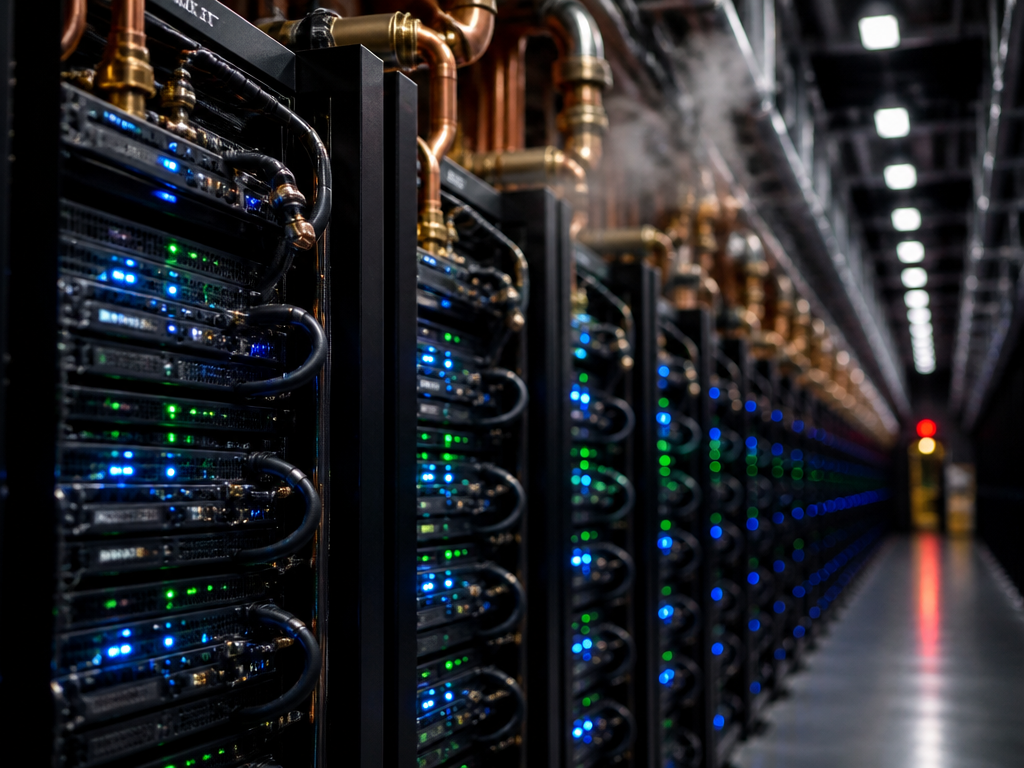 A dense row of towering AI training server racks inside a data hall, glowing…