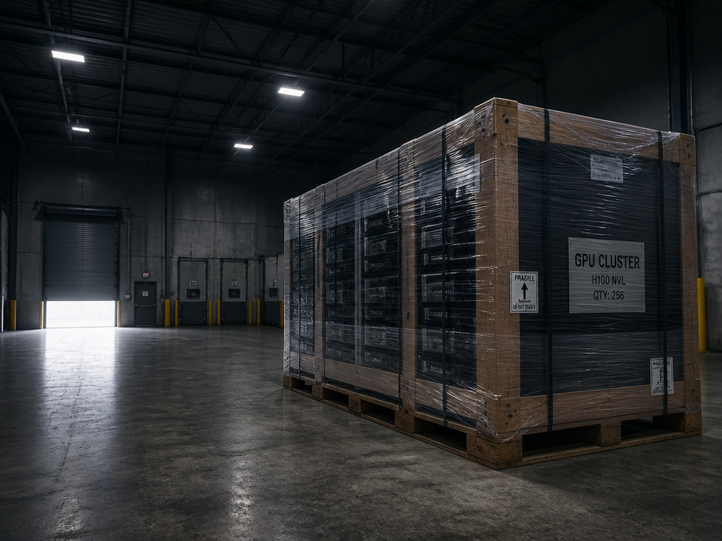 A crated GPU cluster sitting untouched on an industrial loading dock, wrapped in protective…