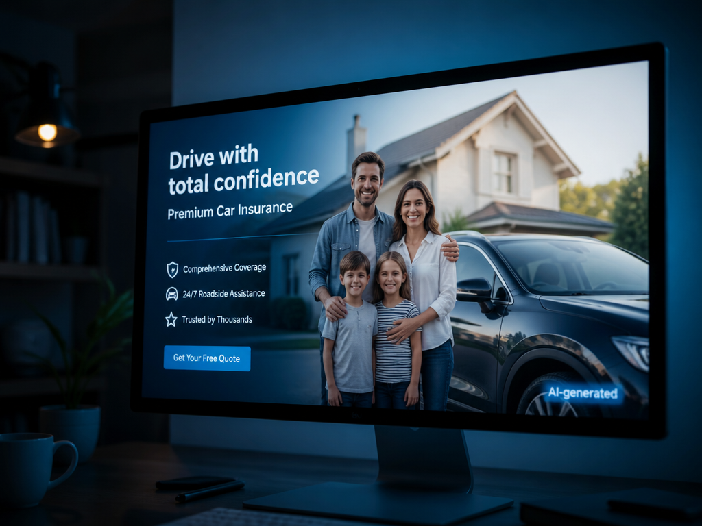 A photorealistic close-up of a modern computer monitor displaying a glossy car-insurance advertisement featuring…