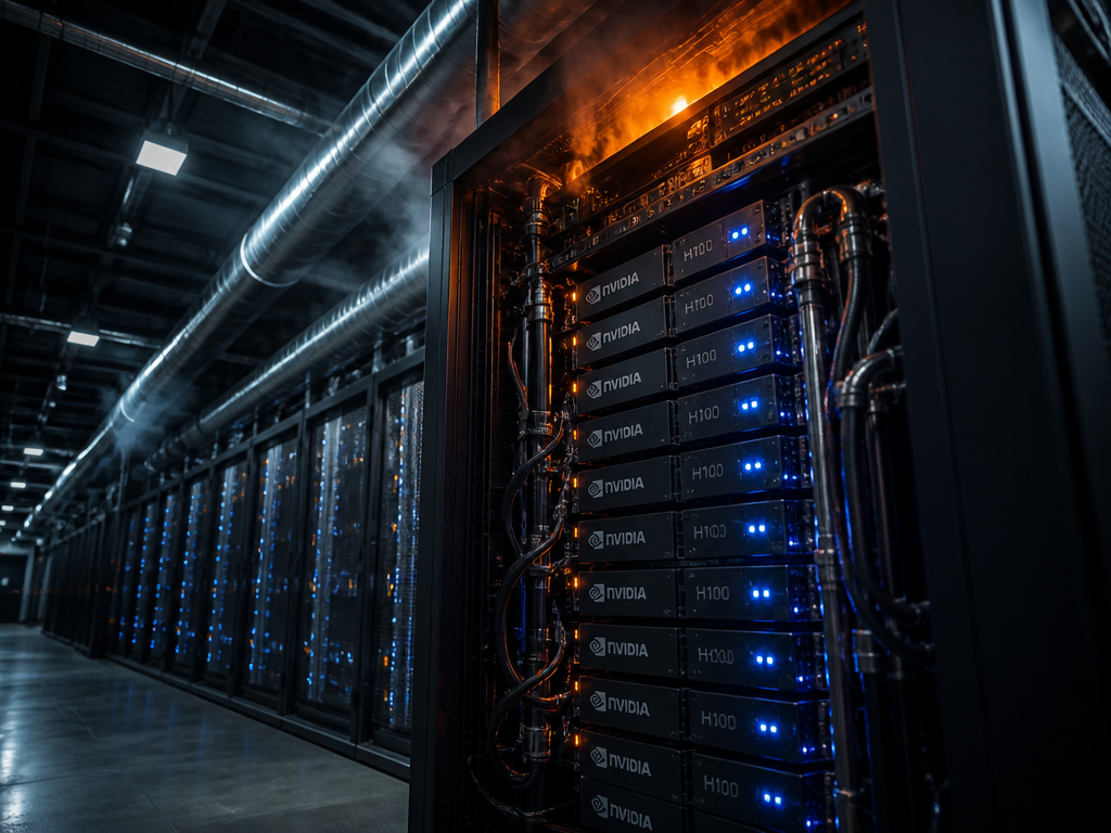 Photorealistic wide-angle photograph inside a high-density AI data center, a single towering server rack…