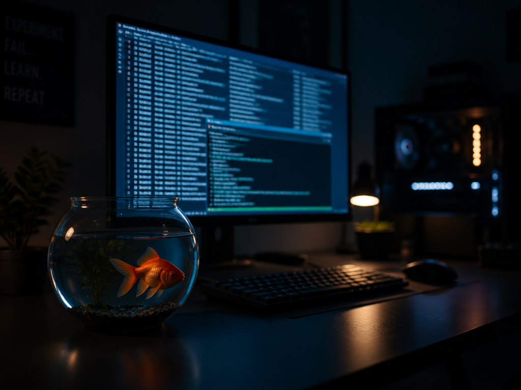 A dimly lit home office at night, shot on a full-frame camera with a…