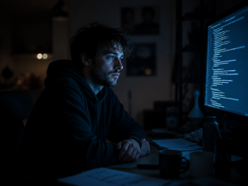 A lone job seeker sitting at a cluttered home desk late at night, illuminated…
