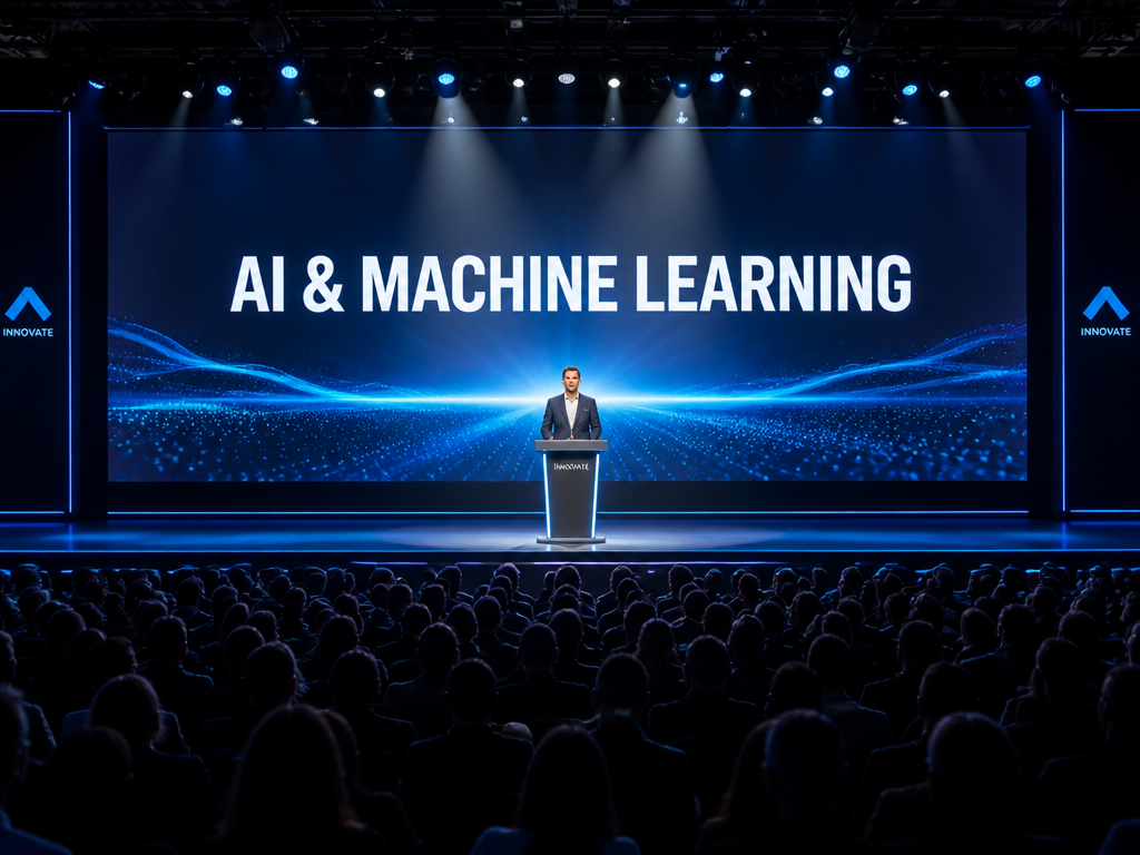 A sleek modern corporate stage during a company announcement, a single executive standing at…
