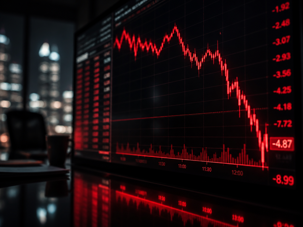 A dramatic close-up of a large electronic trading display in a dim financial office…