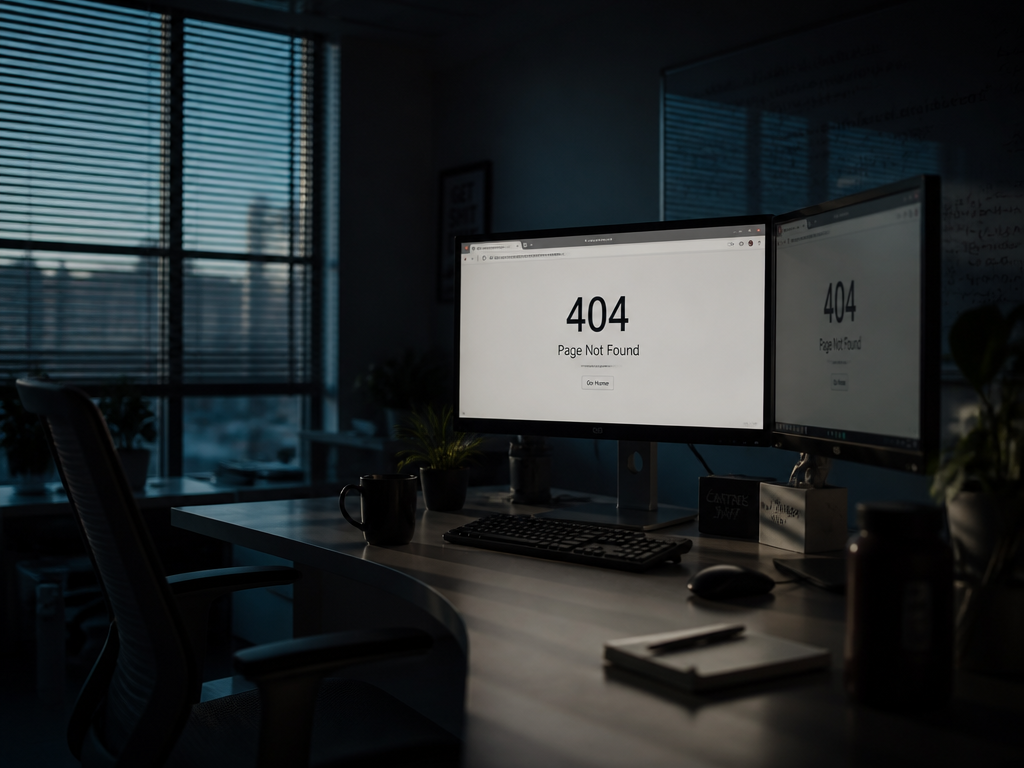 A dim early-morning startup office shot in moody natural light, a single desk with…