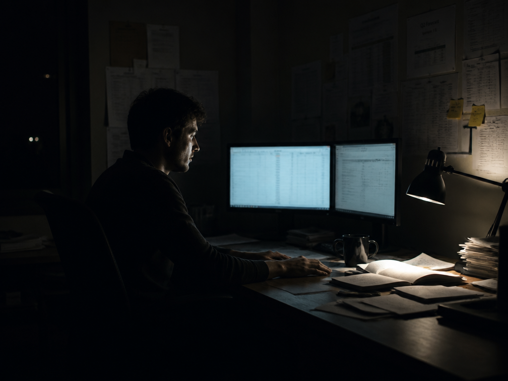 A wide, moody photograph of a person seated alone at a cluttered desk late…