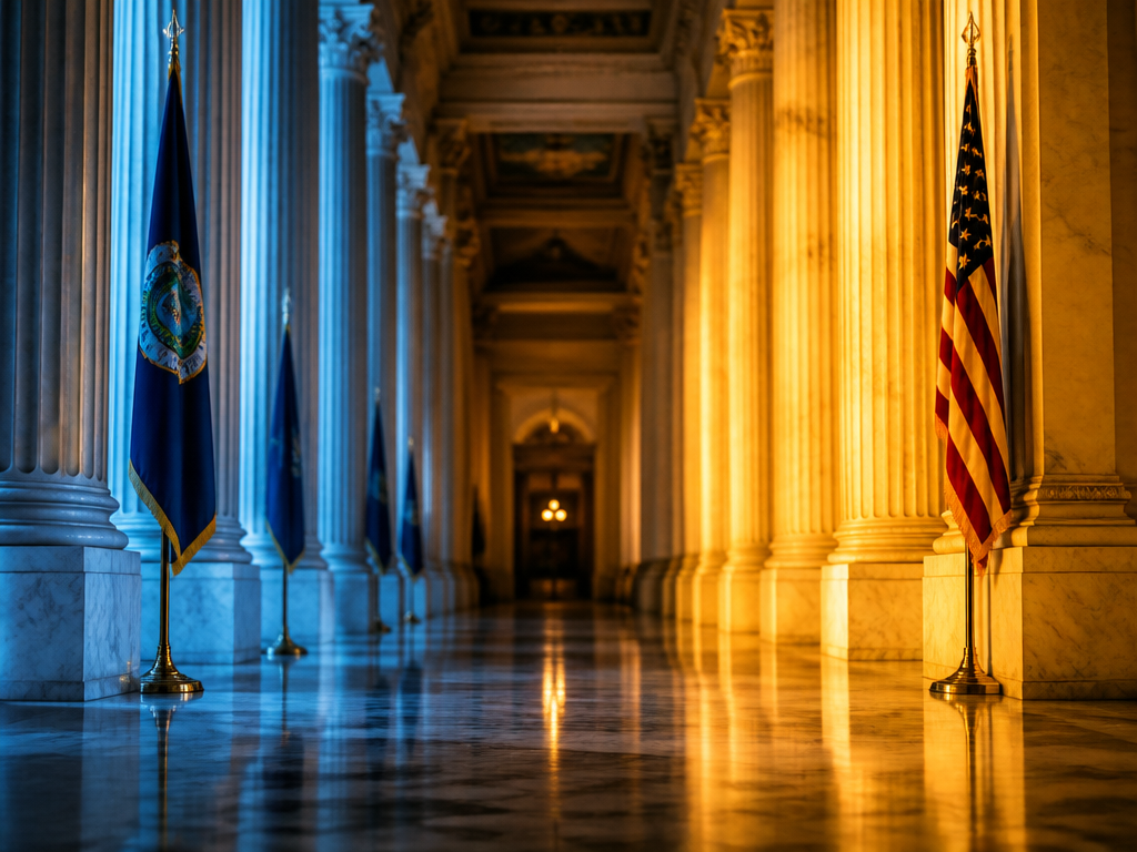 A wide-angle photorealistic photograph of a vast marble government building interior split by dramatic…