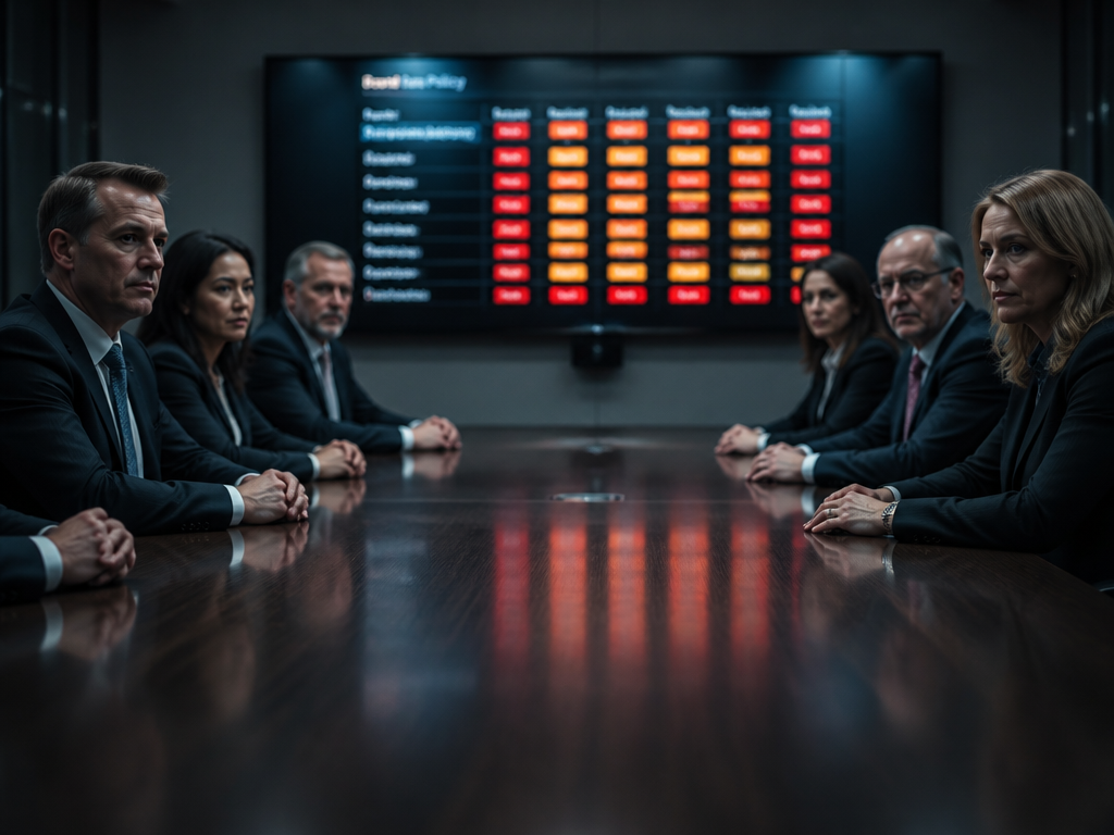 A tense corporate change-advisory board meeting inside a dimly lit enterprise conference room, photographed…