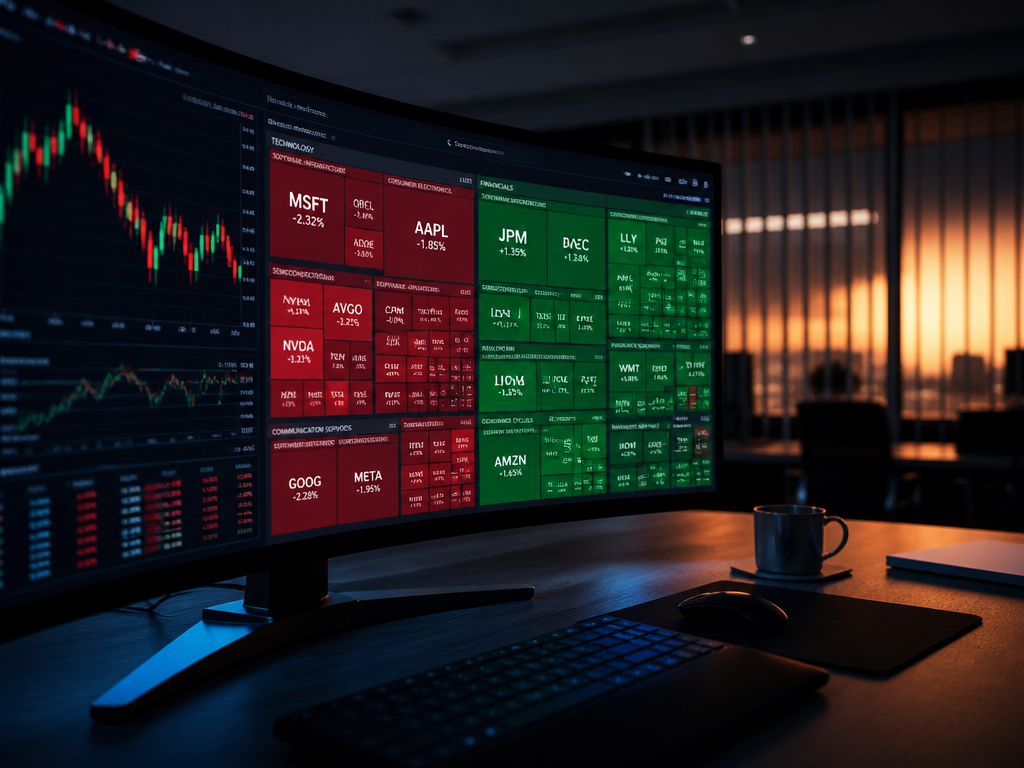 A wide-angle photorealistic photograph of a modern trading desk at dusk, dominated by a…