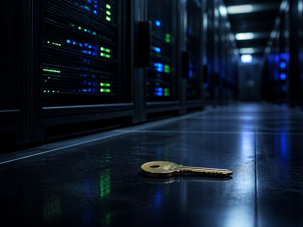 A dimly lit modern server room shot at a low angle, rows of black…