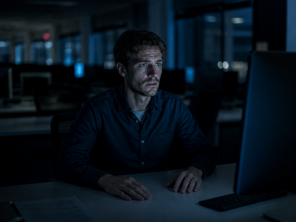 A lone mid-level software engineer seated at a sparse desk in a dim open-plan…