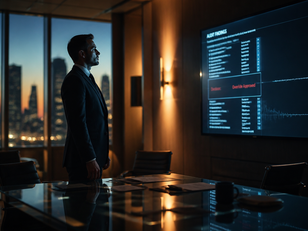 A dimly lit corporate audit room at dusk, a lone compliance auditor in a…