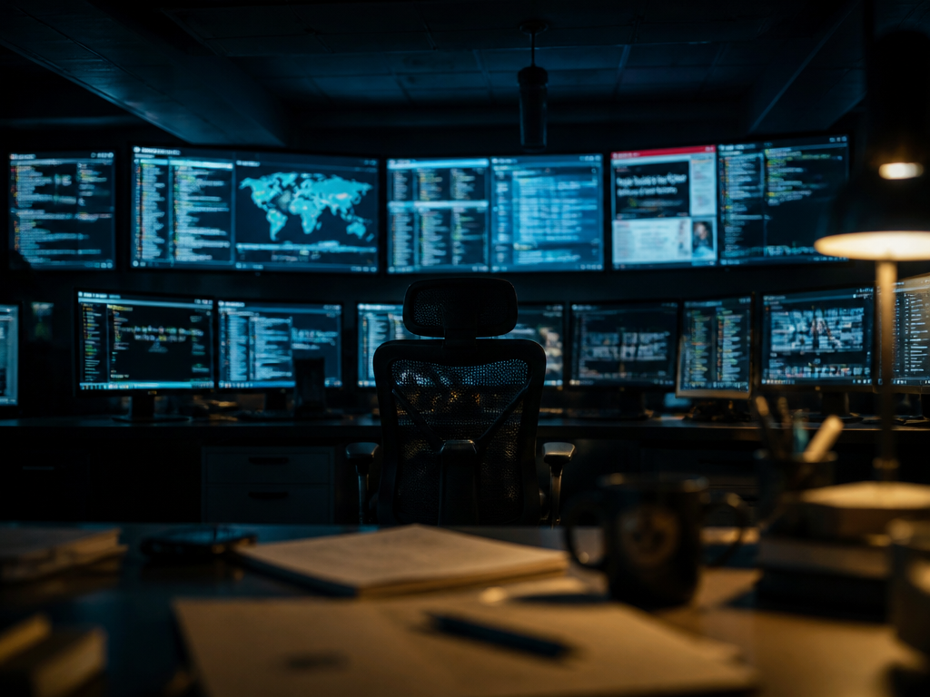 A dimly lit security operations center at night, photographed with a wide-angle lens, showing…