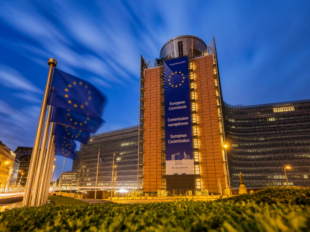 A wide-angle photorealistic photograph of the European Commission's Berlaymont building in Brussels at dusk…