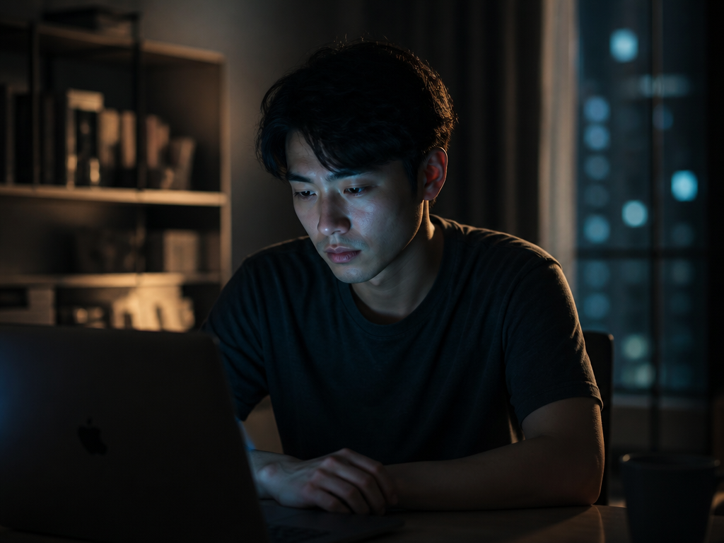 A young software engineer sitting alone at a minimalist home desk in dim evening…