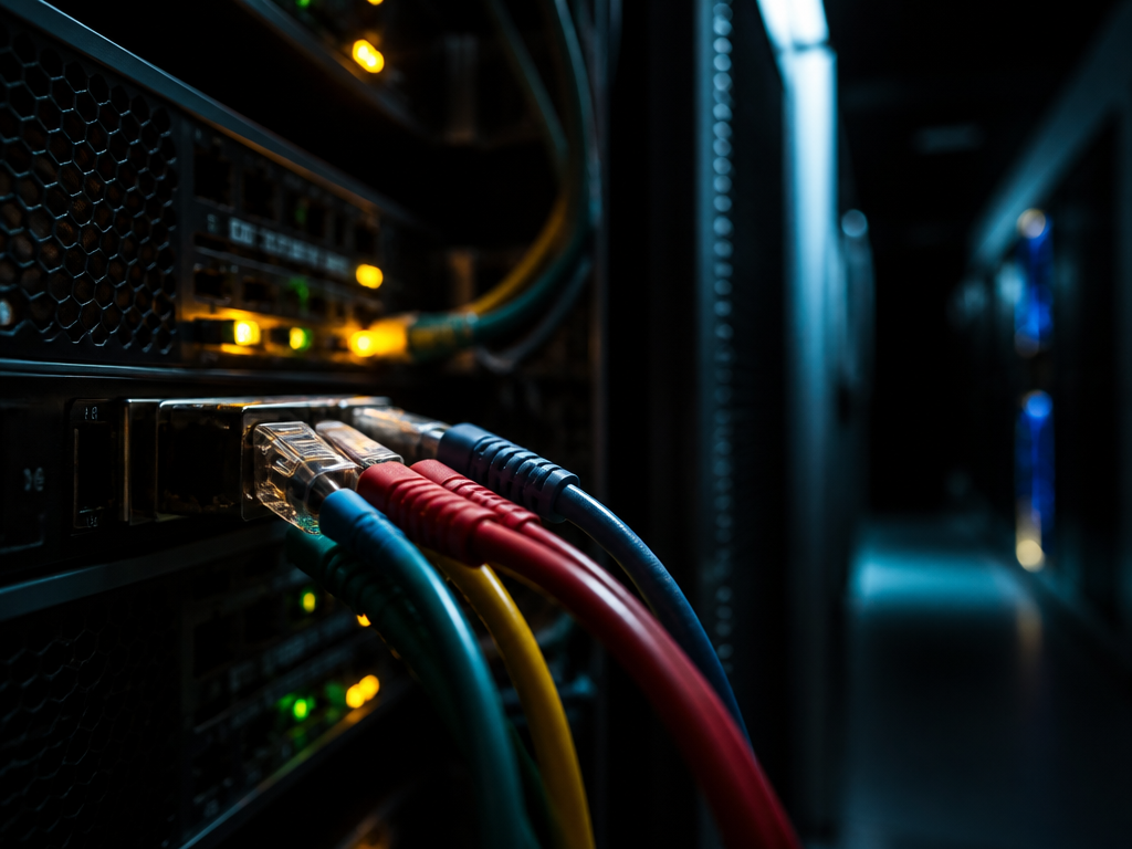 A moody close-up photograph of tangled server cables and glowing indicator lights inside a…