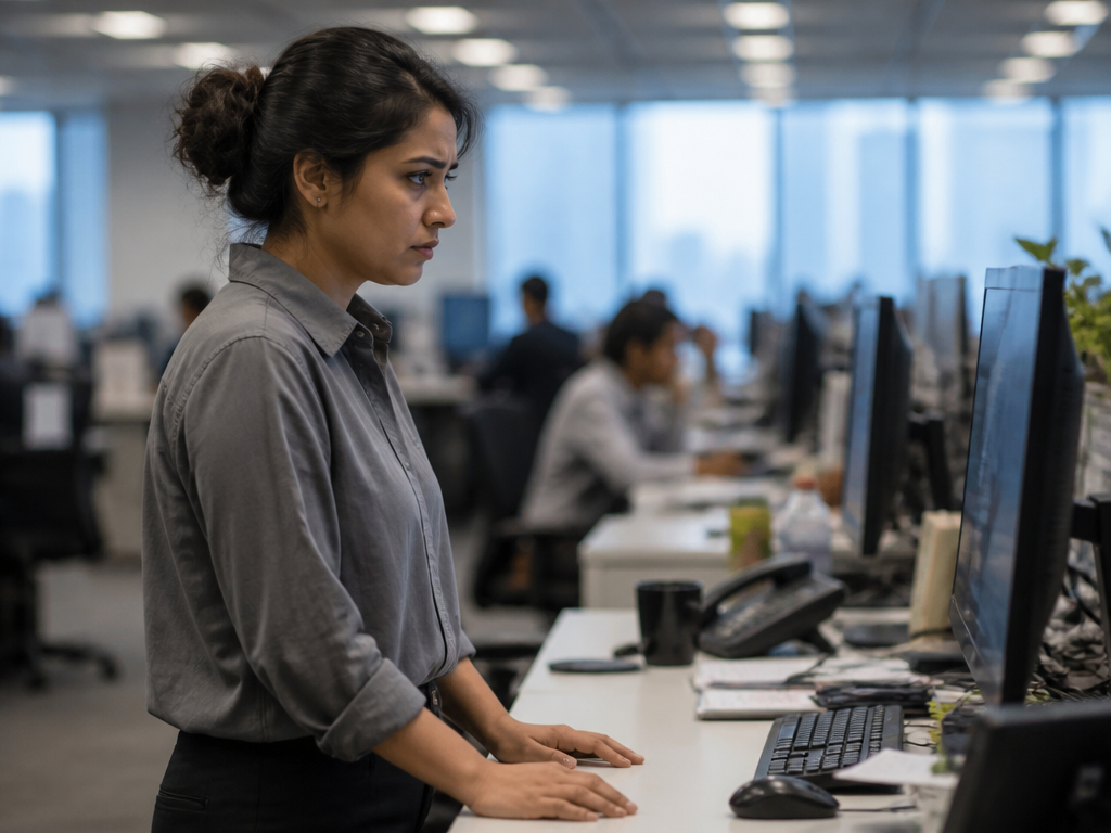 A candid documentary-style photograph of a frontline office worker standing at a cluttered desk…